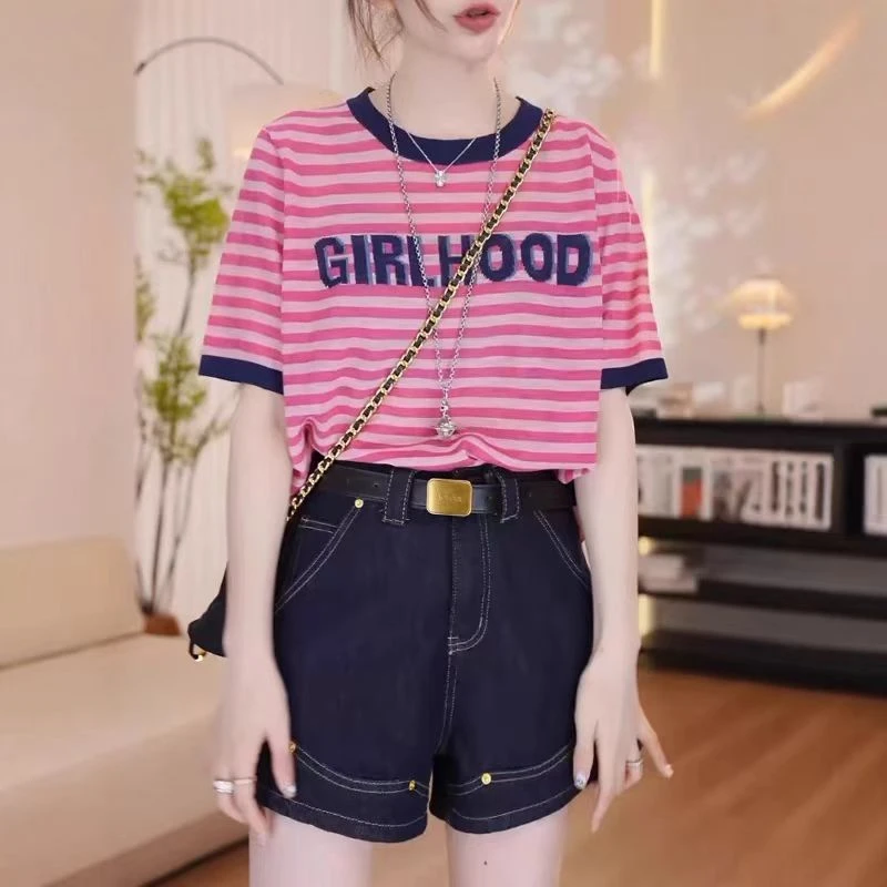 设计感条纹撞色圆领短袖T恤夏季2025新慵懒风时尚休闲百搭ins上衣
