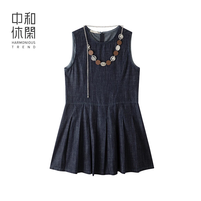 中和休闲复古文艺圆领牛仔背心裙夏季2025新款宽松短款a字百褶裙