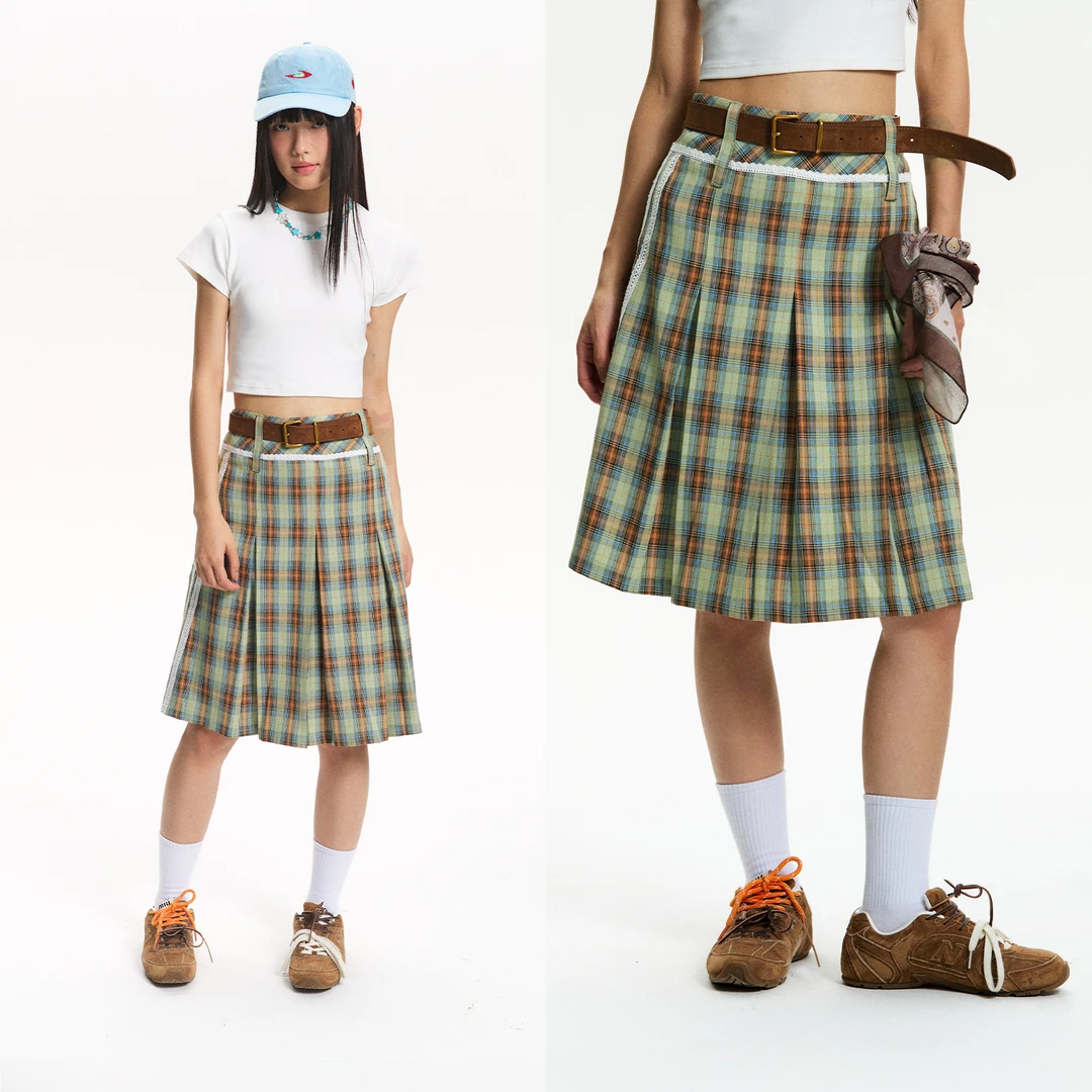 [青]江南先生NewJNXS 美式复古格纹半身裙夏季蕾丝中长裙JN52C24