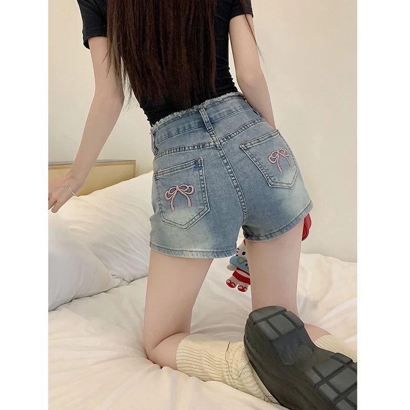 2024夏季新款弹力牛仔短裤女薄款大码高腰显瘦a字直筒阔腿热裤子