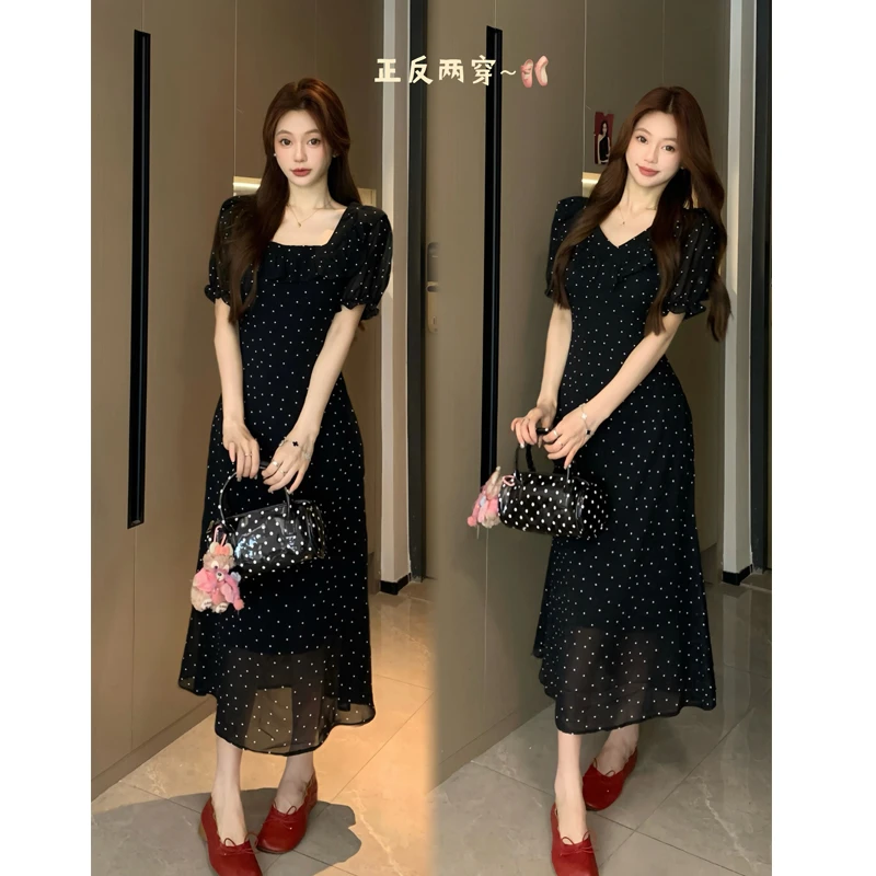 大码【千金舞会】夏季新款前后两穿波点连衣裙洋气法式显瘦长裙子仙