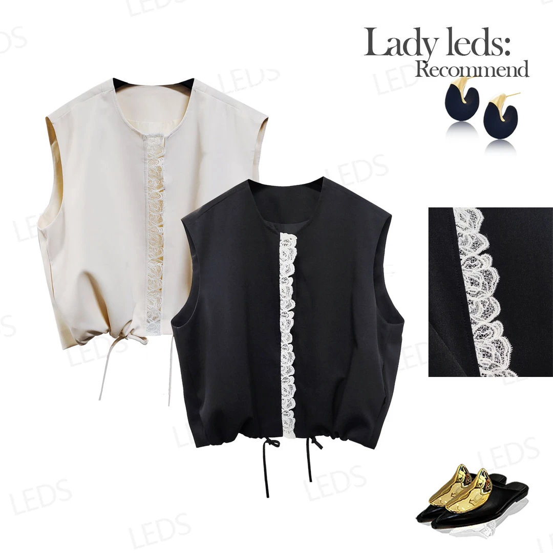 LEDS 58098蕾丝控必入*黑白拼接无袖马夹洋气十足尽显优雅气质