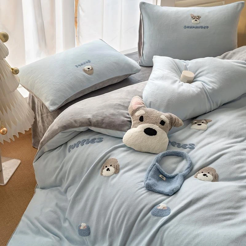 水星卡通冬季小清新加厚牛奶绒四件套可爱小狗毛巾绣被套床上用品