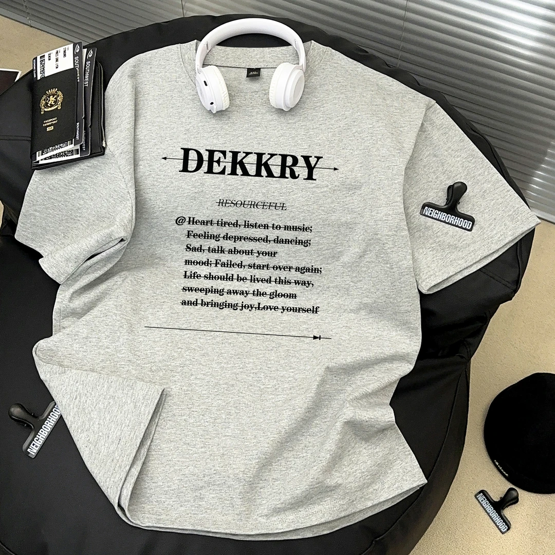 Dekkry夏季休闲宽松情侣100%纯棉美式镶边字母短袖T恤潮流男女