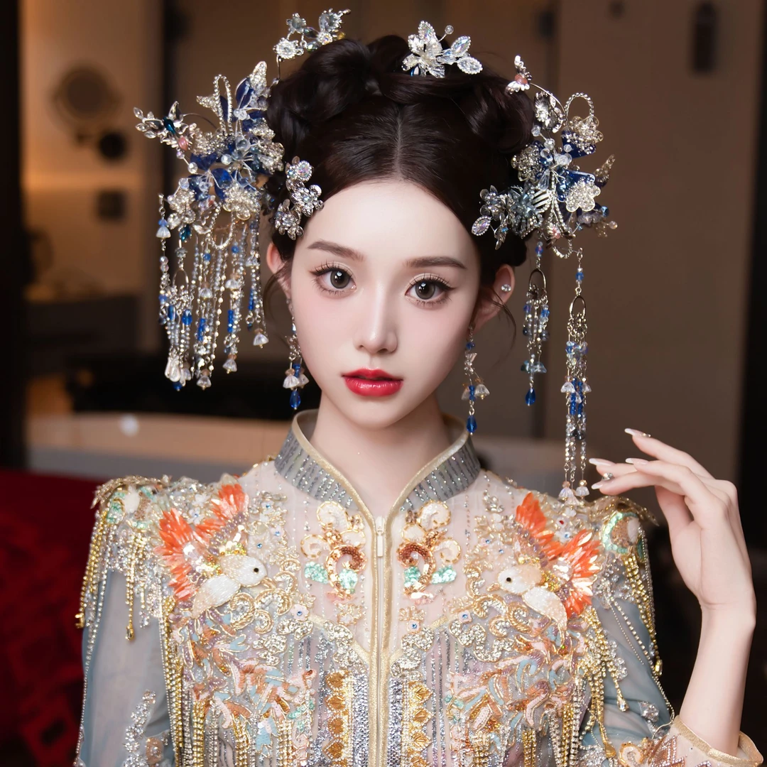 z8257银蓝色合金水晶簪子中式复古婚礼秀禾古风新娘结婚头饰