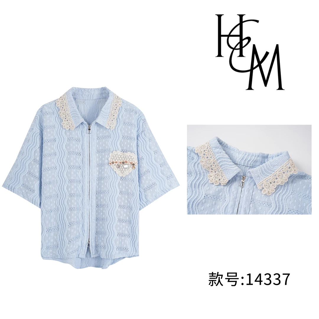 【慧姐】时尚设计师款透气蕾丝边拼接短袖衬衫【14337】