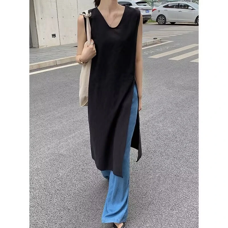 无袖v领棉麻连衣裙女装新品亚麻背心夏季小众韩版中长裙宽松开叉
