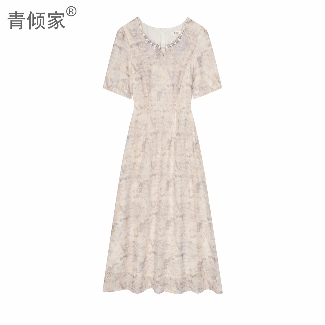 青倾家【山黛暮雪】棉麻红刺绣原创连衣裙女装夏季收腰显瘦气质长裙