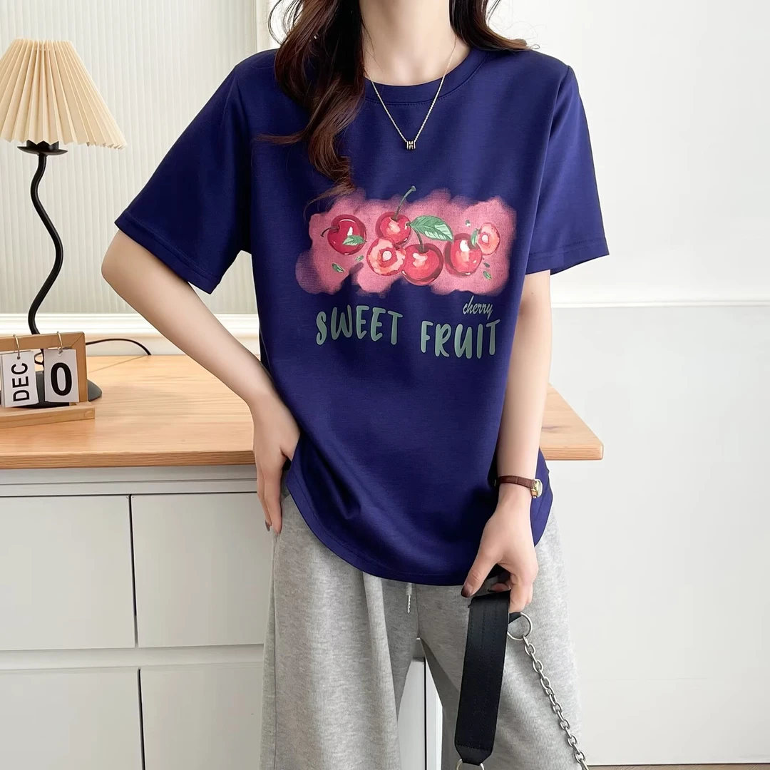 大码女装 胸106-130 樱桃印花短袖2190#