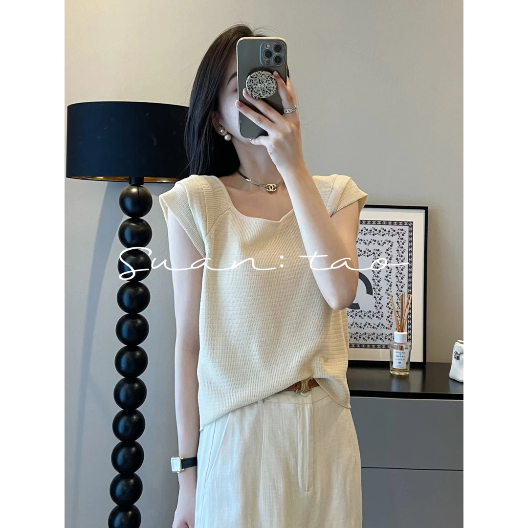 Suan.Tao法式夏季独特设计感木耳荷叶边方领显瘦T恤SY9587