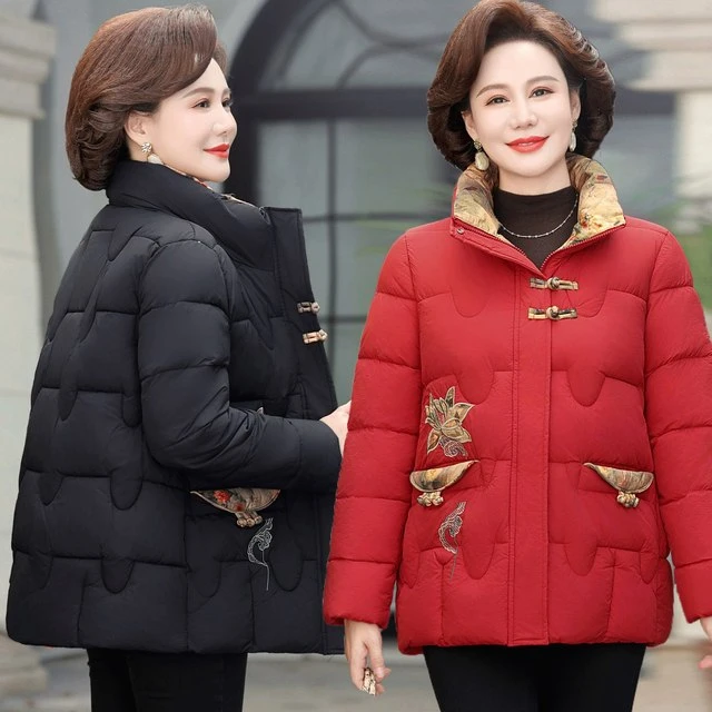 冬季新款保暖棉衣国风盘扣刺绣妈妈装棉袄加厚中老年女装棉服宽松
