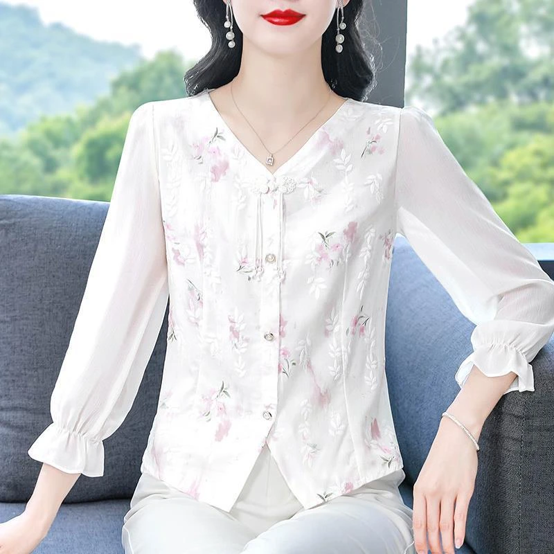 气质上衣轻国风七分袖雪纺衫女夏装新款时尚漂亮碎花小衫妈妈短款