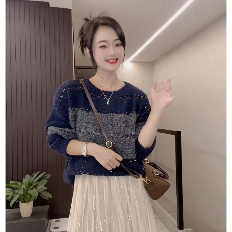 「星空璀璨」彩色球球亮片圆领毛衣女亮闪闪针织衫上衣