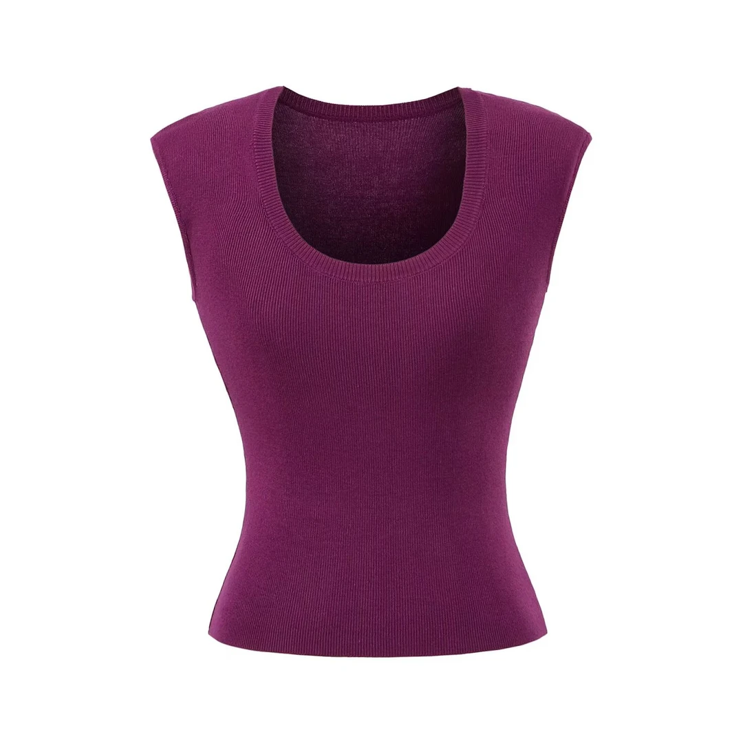 【你伍老板娘】“小妈紫”u领背心纯色针织修身上衣