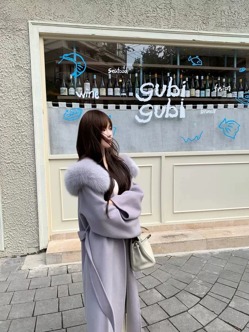 【NX南兮】25冬新款狐狸毛领连帽长款双面羊毛大衣女高级感毛呢外套