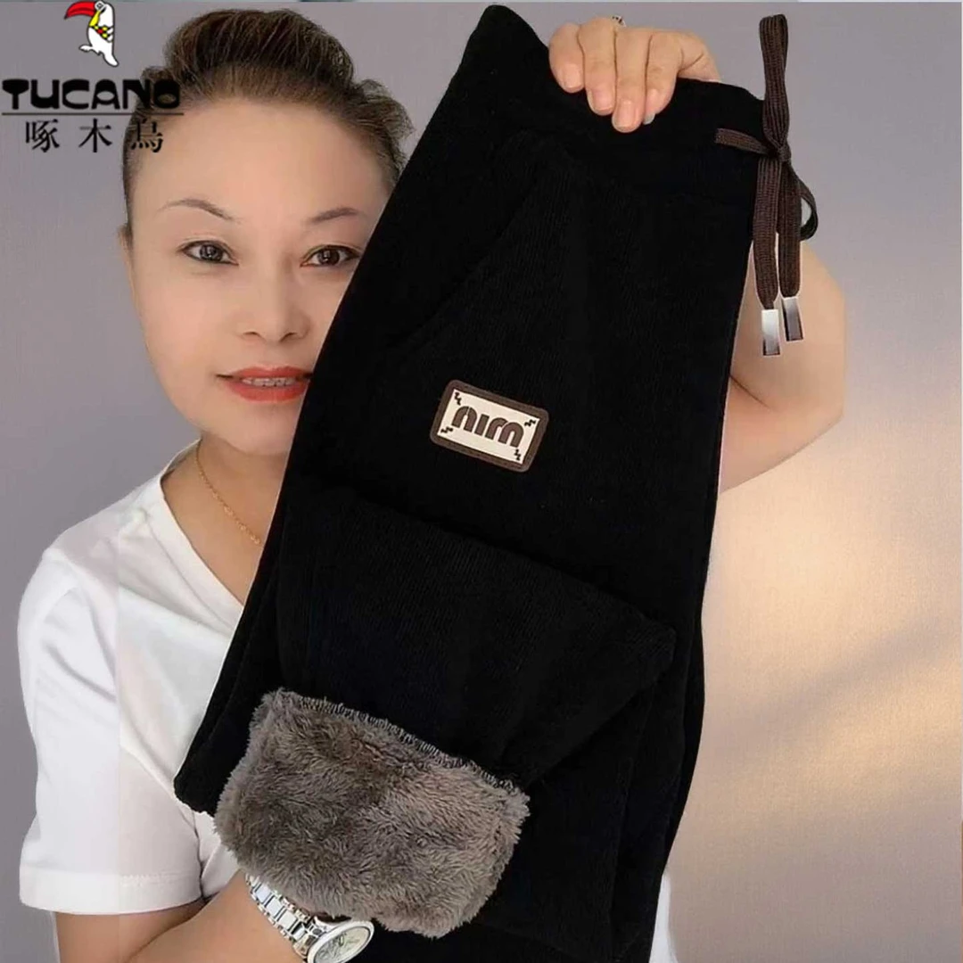 啄木鸟加绒加厚休闲裤女秋冬季新款高腰卫裤百搭保暖妈妈裤子束脚