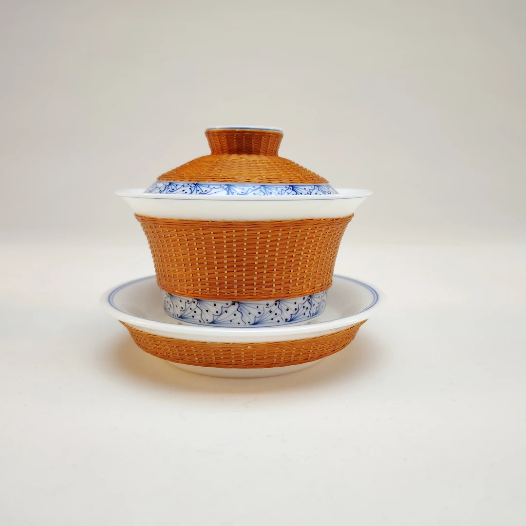 竹丝扣瓷手工编织高端茶具商务礼品定制非遗手工制作四川特色盖碗