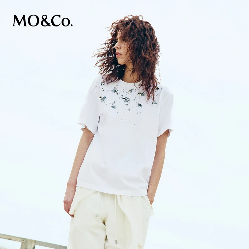 MOCO秋手工钉钻镜片圆领短袖棉质T恤白色黑色MBD3TEE014