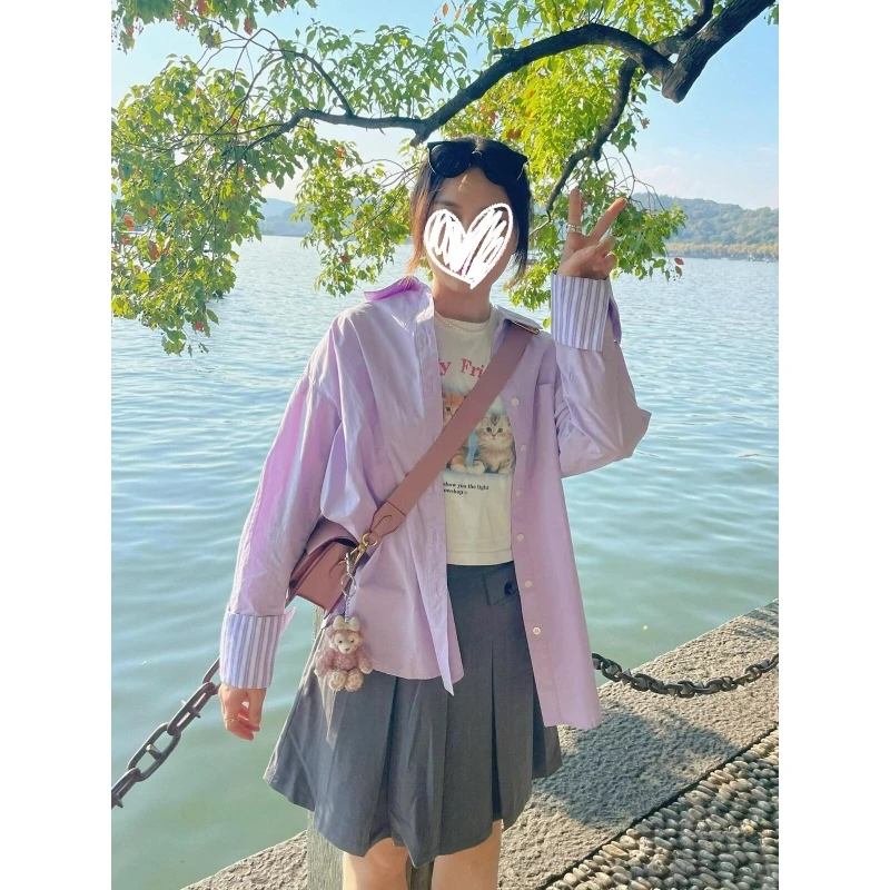 固质紫色条纹拼接长袖衬衫衬衣女2025秋季上衣独特超好看漂亮小衫