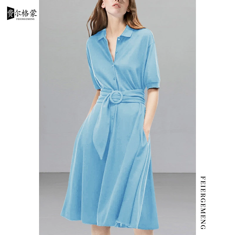 轻奢通勤短袖连衣裙2025新款夏季百搭时尚遮肚裙子蓝色系带中长款
