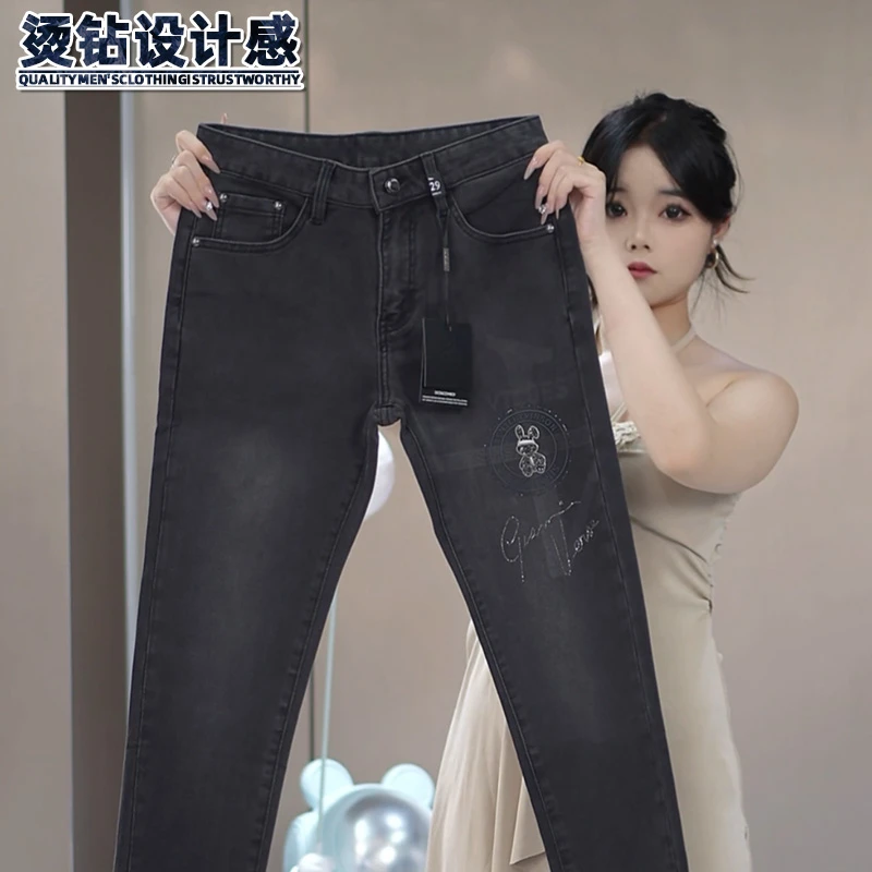 烫钻牛仔裤男士秋季新款潮流欧货修身设计感男装弹力做旧长裤子男