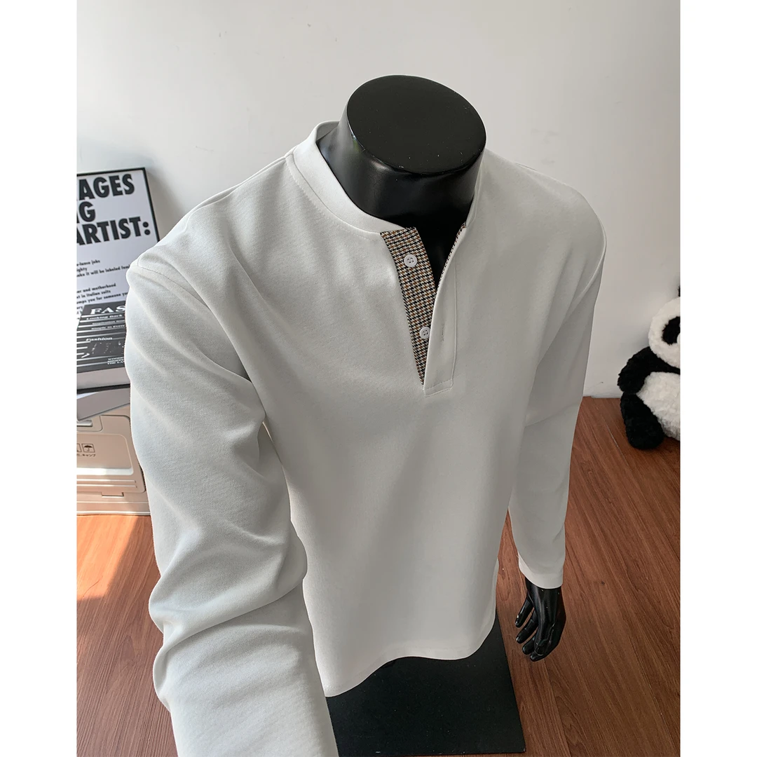 亨利领长袖卫衣男装上衣秋季格子撞色休闲打底衫长袖潮流立领T恤