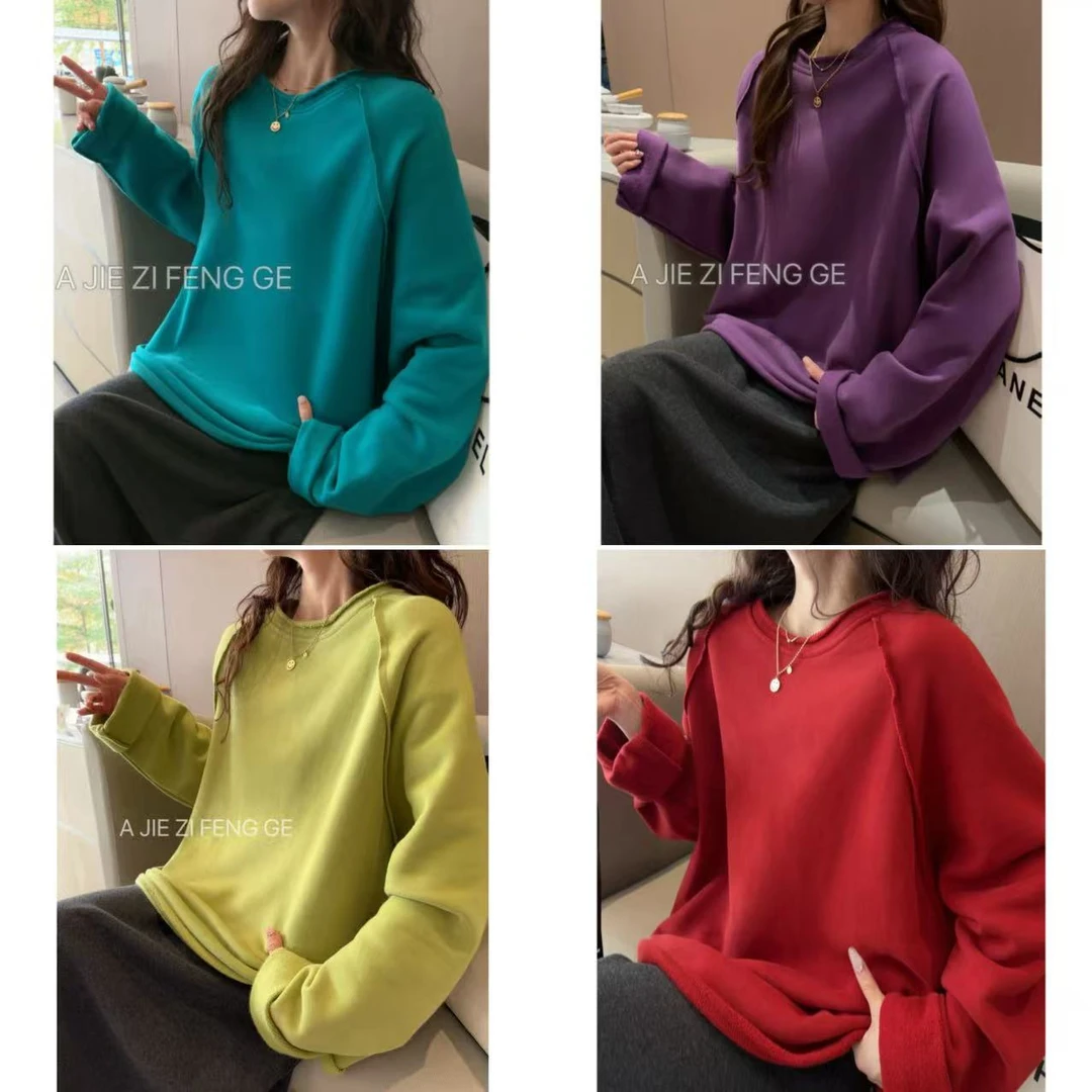 秋冬宽松百搭显瘦毛边加厚加绒圆领中长款卫衣