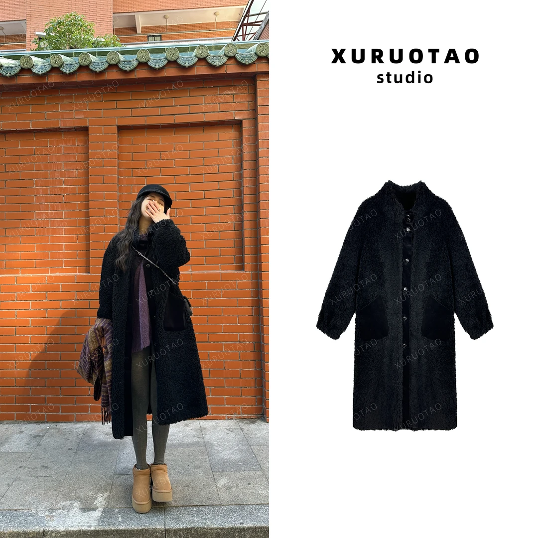 XURUOTAO【罗曼蒂】黑色绵羊毛大衣 T6363