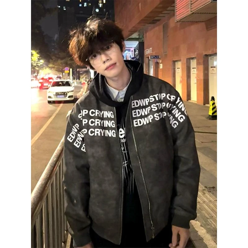 美式高街飞行夹克皮衣男款cleanfit字母棒球服痞帅小众潮牌短外套