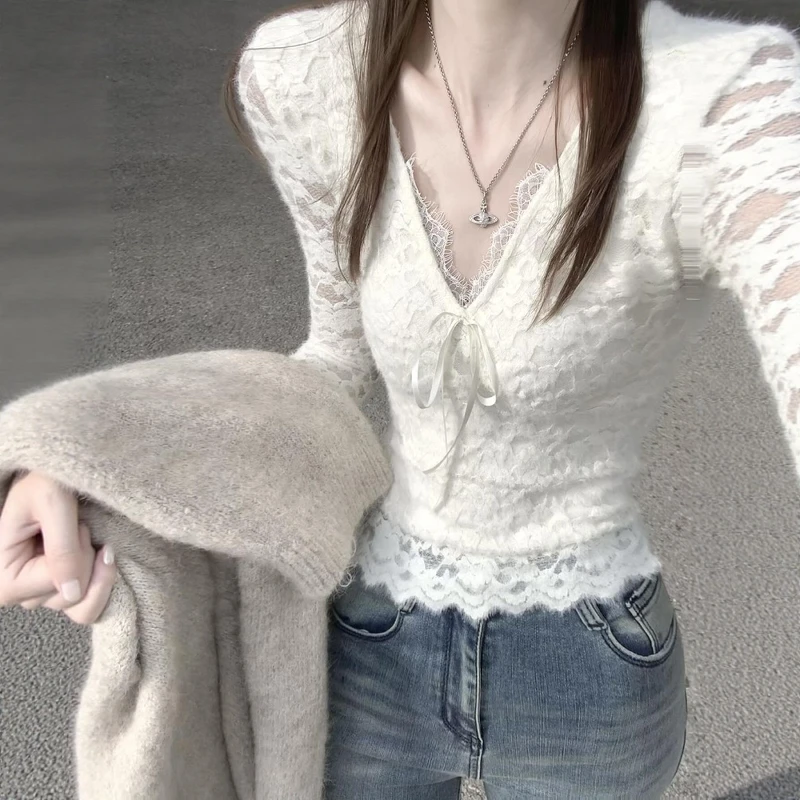 秋冬加绒加厚磨毛蕾丝打底衫女春秋叠穿皮草内搭小衫独特漂亮上衣