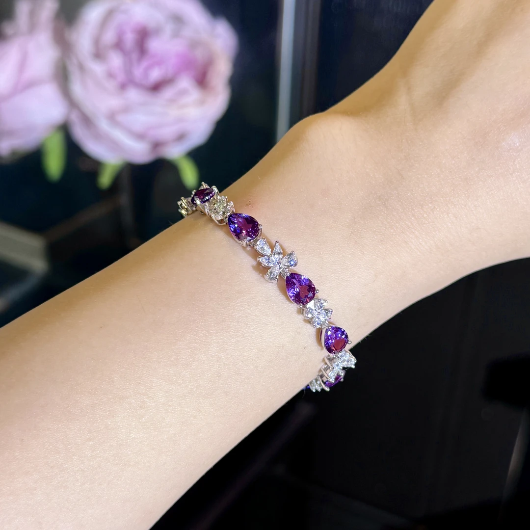 培育蓝宝石B3388 满钻镶嵌水滴形紫色精致奢华气质手链16-19cm