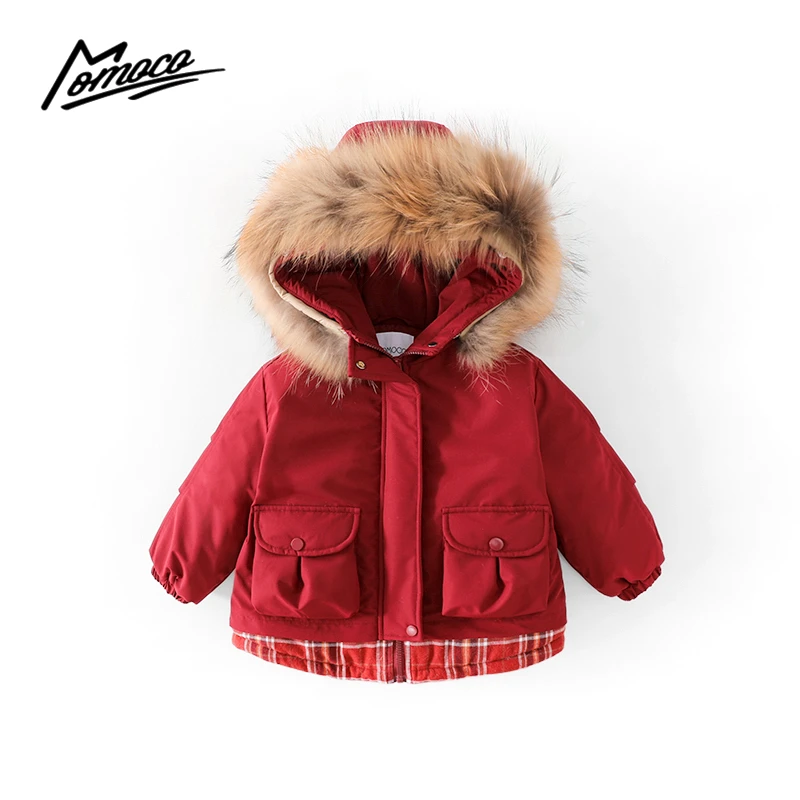 MOMOCO冬季新款女童时尚棉服洋气拼接毛边保暖外套75880101025