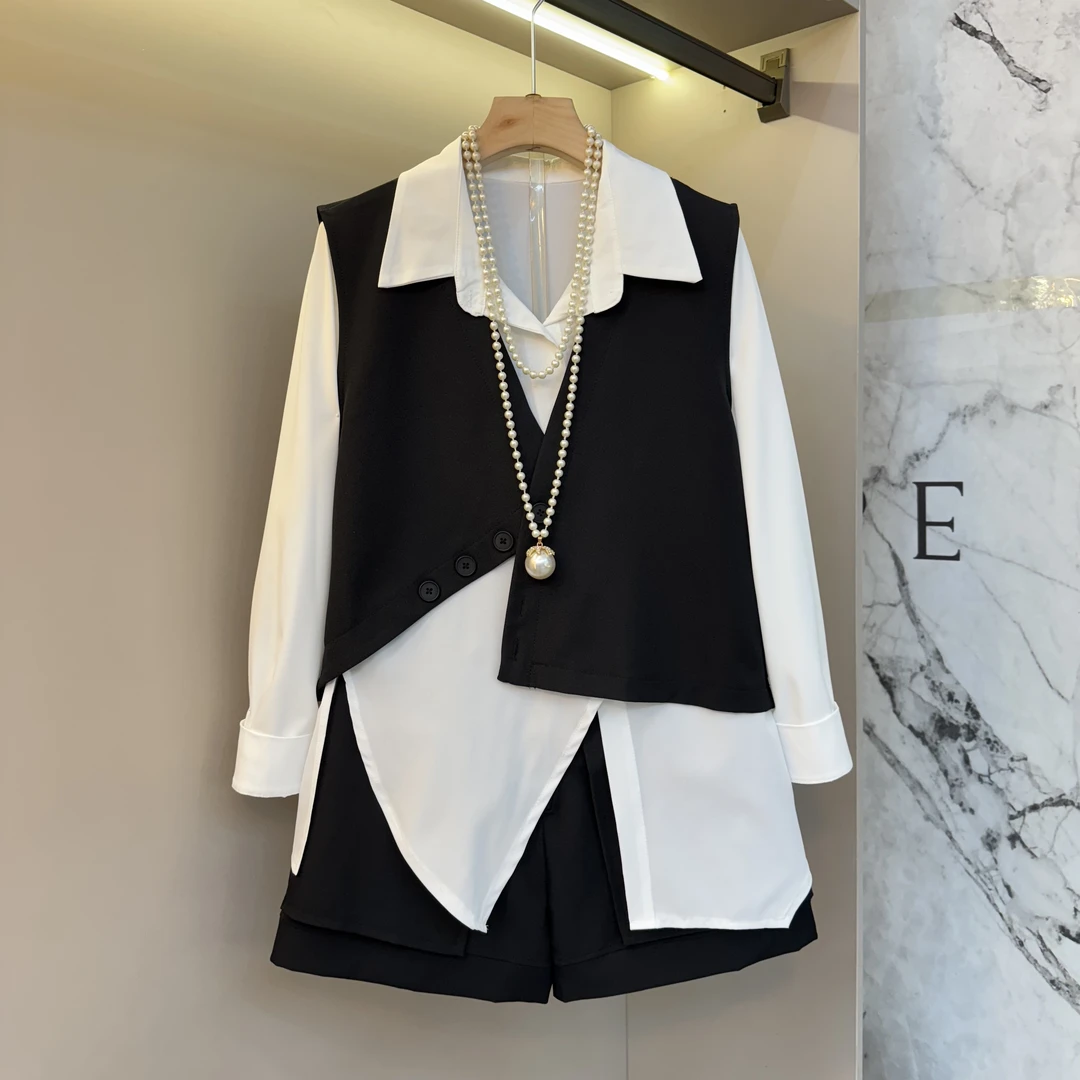 2025早秋设计感不规则减龄翻领衬衫马甲短裤休闲百搭显瘦套装7268