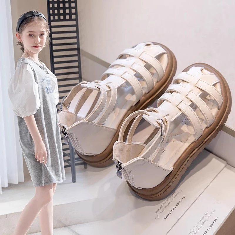 ABC女童鞋包头凉鞋2025夏季新款儿童罗马鞋夏款女孩中大童沙滩鞋