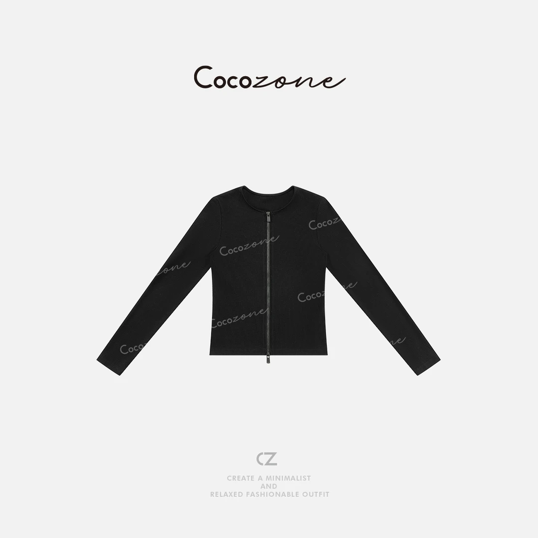 COCO ZONE 刘一一 复古纯色拉链修身圆领女式休闲打底CD1A0166
