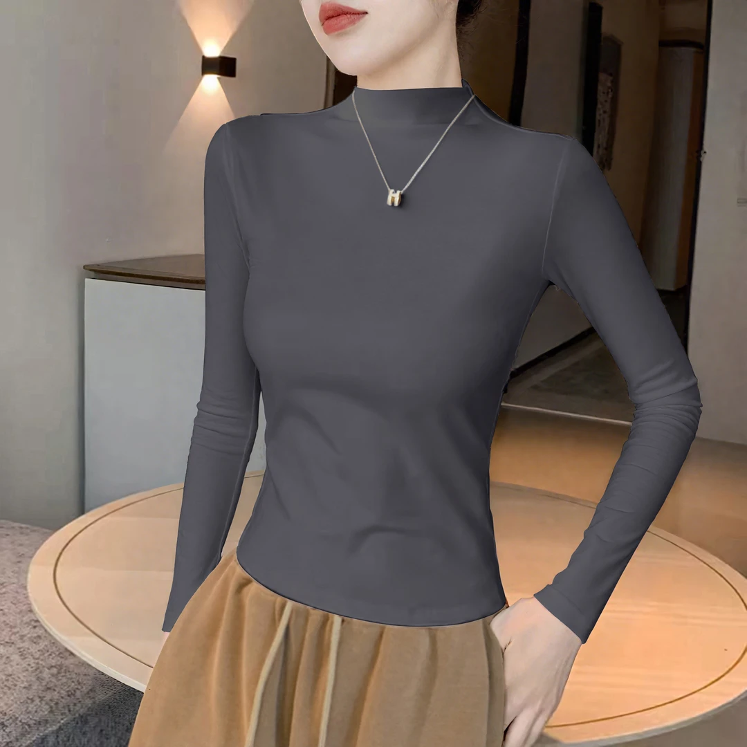 灰色半高领打底衫女秋冬内搭2025新款修身高级感洋气百搭长袖上衣