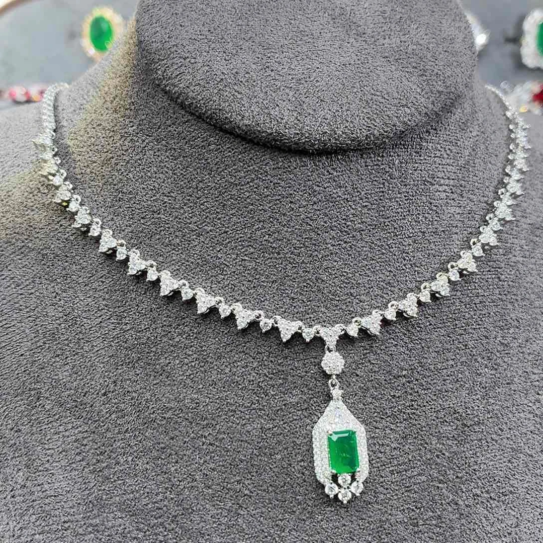 坠链均925银培育祖母绿色宝石