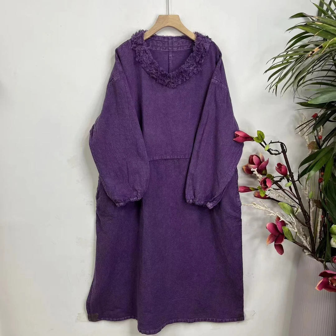 花璟原创~复古炒色做旧拼接拉毛V领长款袍裙（衣长120胸围135）