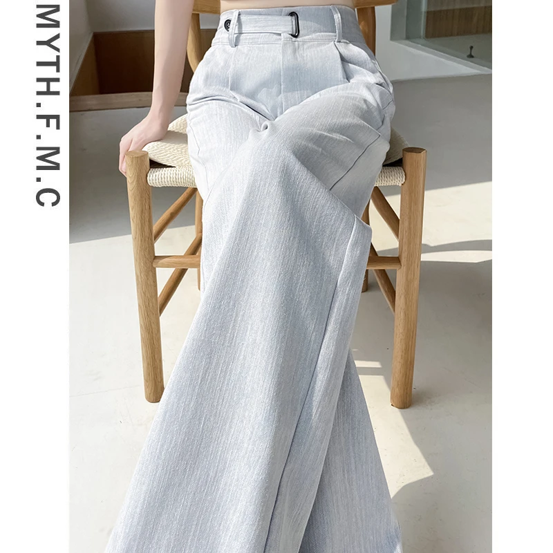 蓝色高级感西装裤子女春夏季2025新款高腰宽松直筒阔腿长裤垂坠感