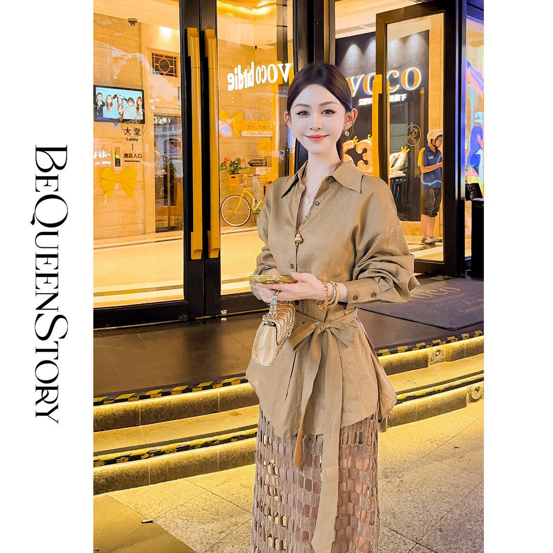 余潇潇【秋日咖啡馆】设计感亚麻收腰上衣&挺括网格镂空半裙套装