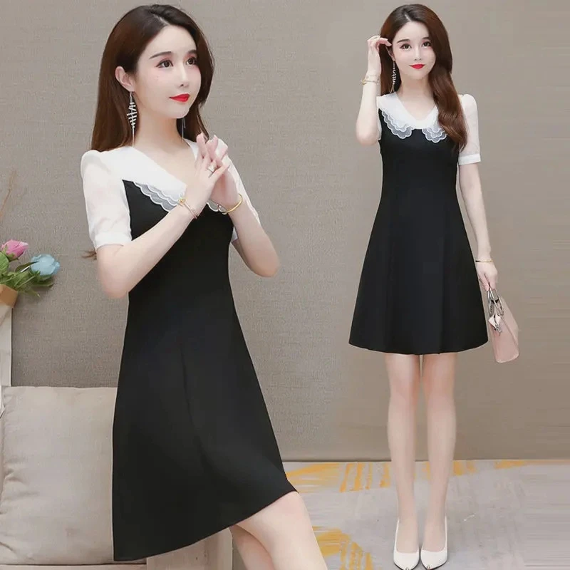 2025夏季娃娃领拼接娃娃领女士连衣裙小黑裙中长款小个子韩版修身