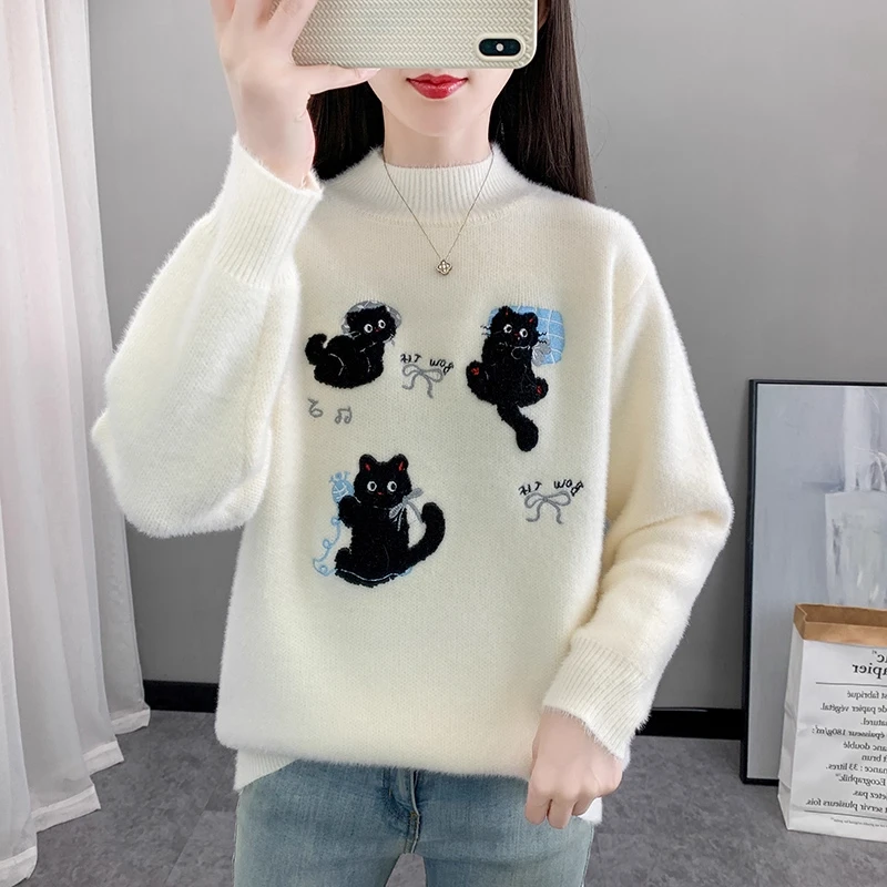 猫咪刺绣针织衫毛衣女2025秋冬新款韩系慵懒风加厚保暖半高领上衣