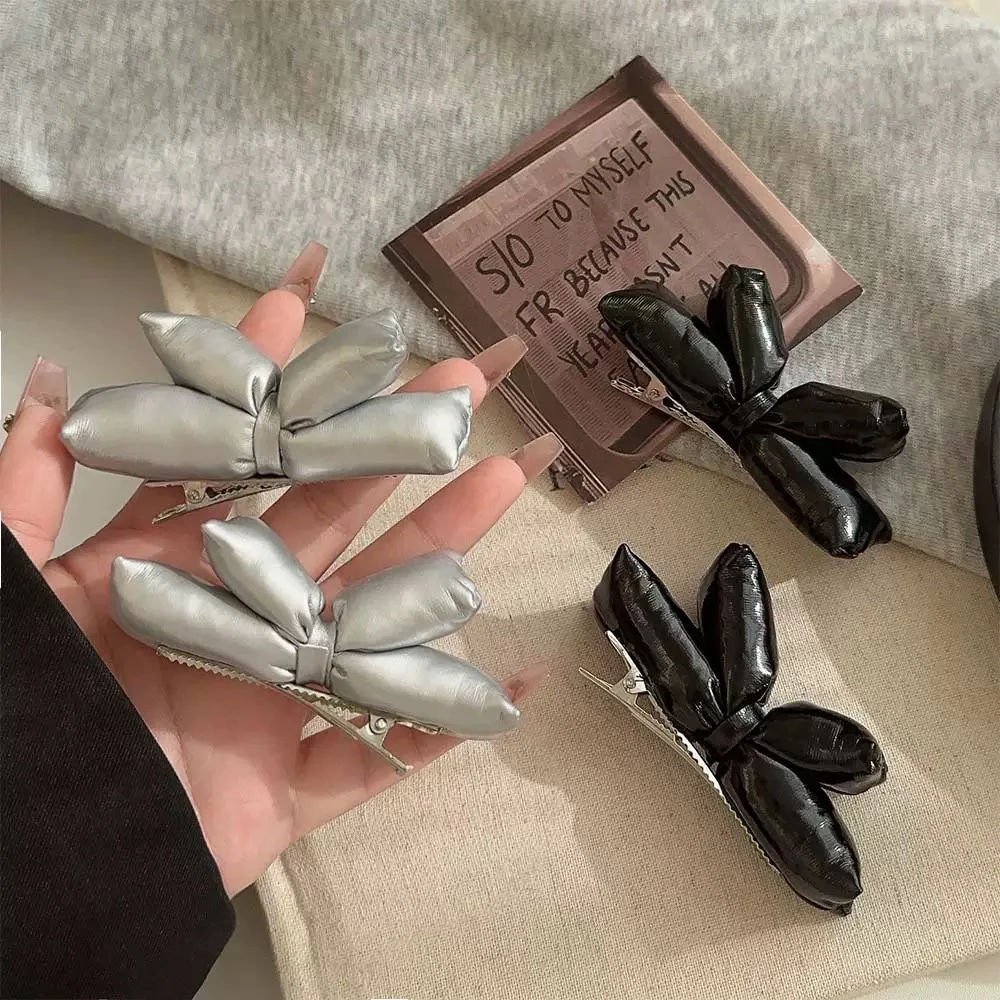 新款立体气囊蝴蝶结鸭嘴夹气质小众轻奢银色夹子侧边刘海碎发发卡