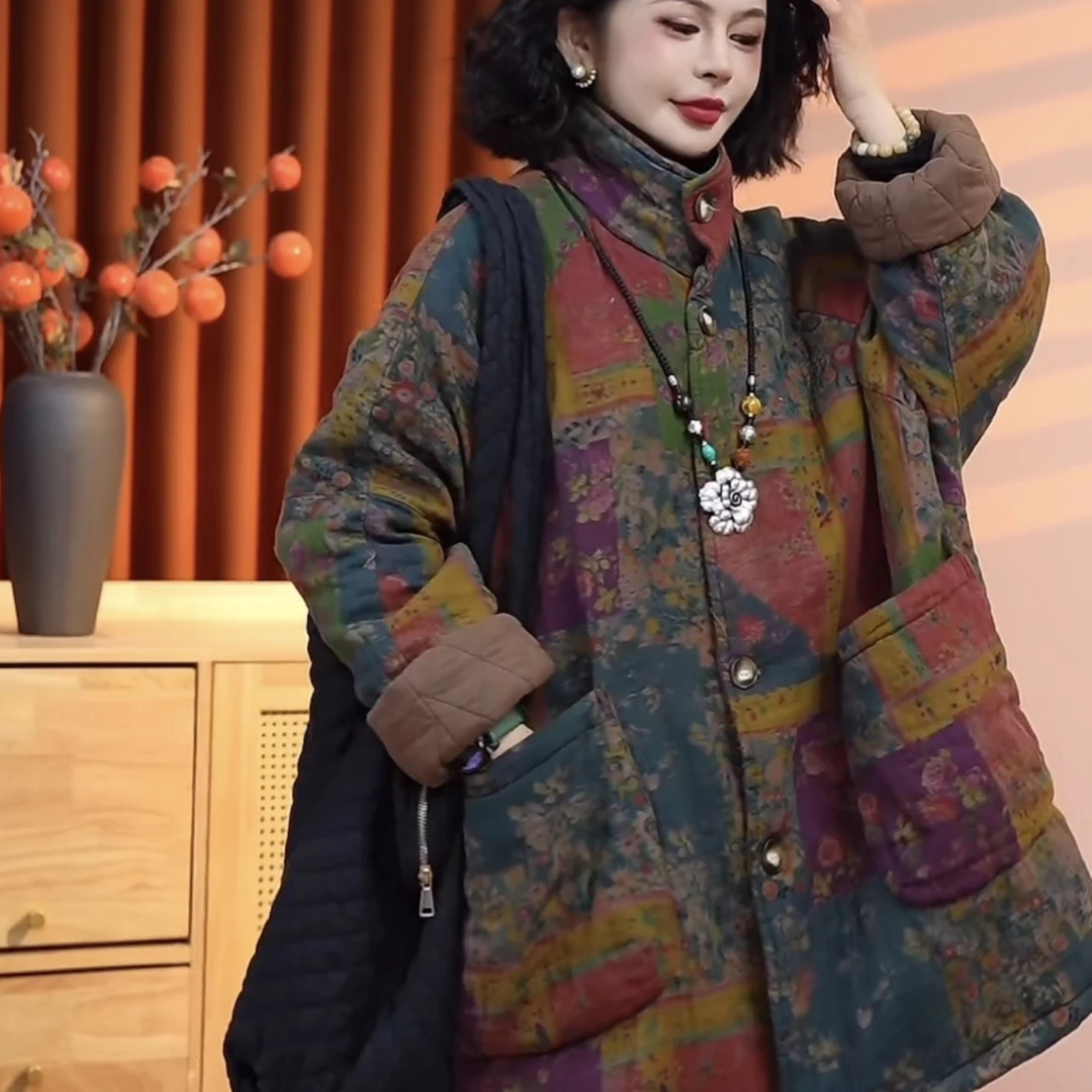 【乔一推荐】2024冬季气质复古新中式长袖女款中长款棉服25831