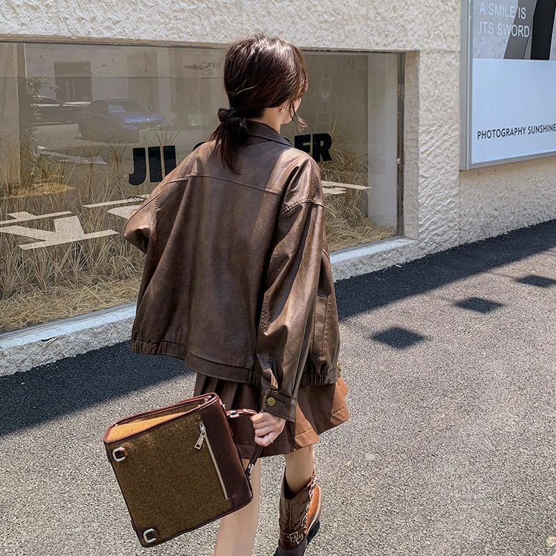 【丶枝枝Zizi 】小个子上衣美式秋季pu复古2025外套机车女皮衣外套
