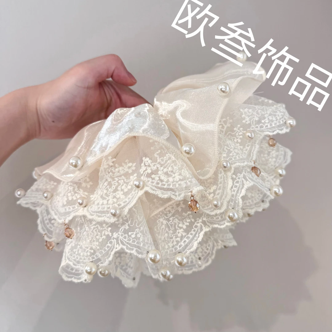 dcq737超大版珠光纱拼接褶皱单圈大肠圈发饰高级百搭纯手工头饰