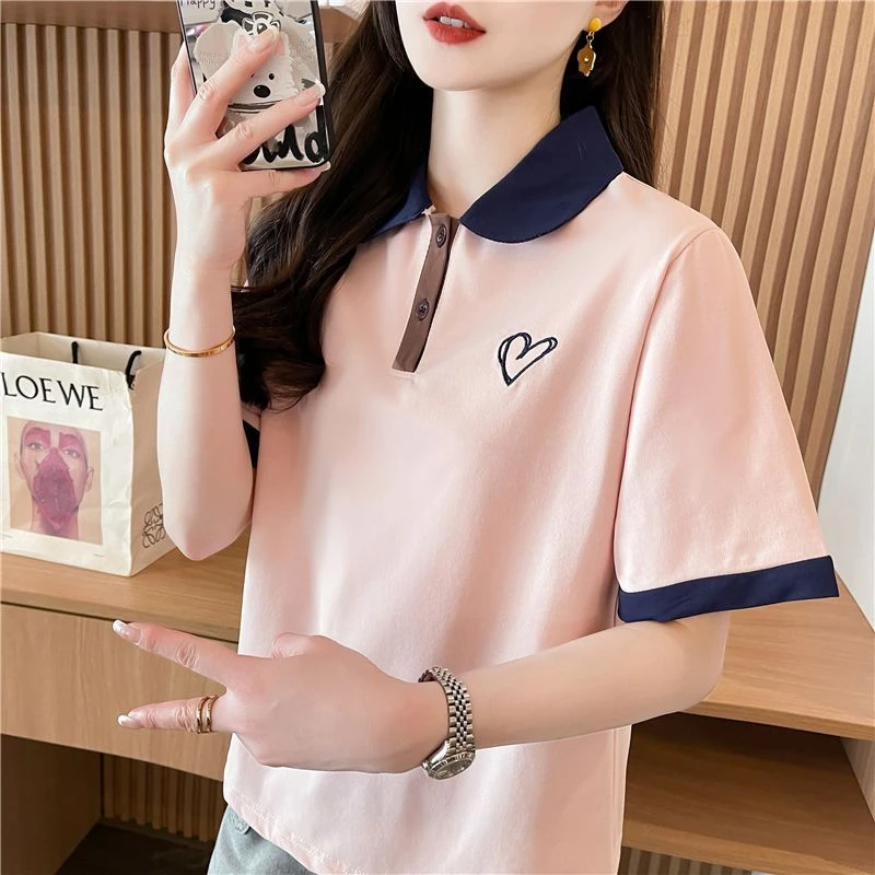 学院风撞色polo领短袖t恤女夏季新款韩版宽松小个子百搭显瘦上衣