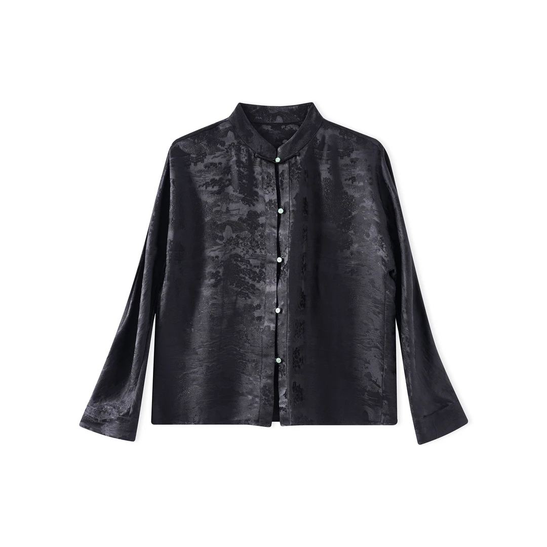 黑·小桥流水-新中式桑蚕丝时尚气质衬衫女装提花休闲百搭YZ260100