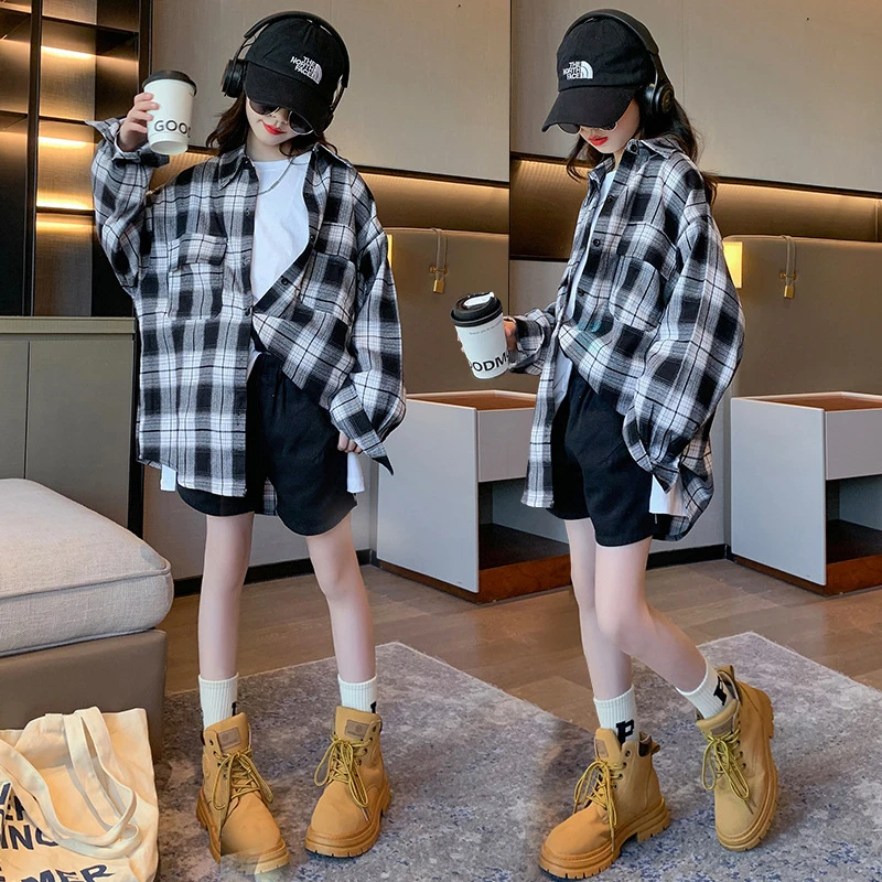 女童秋装衬衫2025新款韩版中大童立领长袖开衫宽松格子时髦外套潮