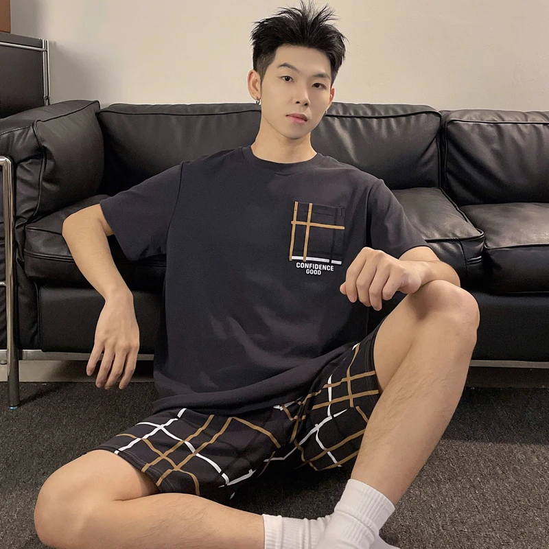 夏季短袖大码睡衣套装格子家居服薄款男士可外穿青少年运动休闲